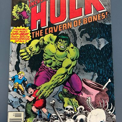 Sale Photo Thumbnail #11: Vintage Bronze Age Marvel comic book, The Incredible Hulk #222, featuring 'The Cavern of Bones!'. Cover art by Ernie Chan. The comic appears to be in good vintage condition with some light edge wear, minor spine creasing, and typical page browning consist