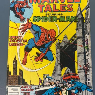 Sale Photo Thumbnail #69: Marvel Tales Starring Spider-Man #76, published in February 1977 by Marvel Comics Group. Features the story 'Spidey Fights in London' and 'The Hostage Must Die!'. The back cover features a vintage Ideal toy advertisement for Evel Knievel stunt cycles. 

C