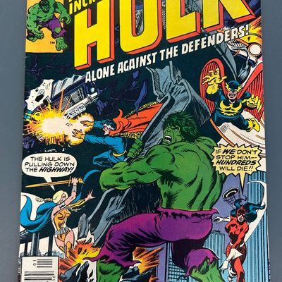 Sale Photo Thumbnail #10: Vintage Bronze Age Marvel comic book, The Incredible Hulk #207 from January 1977. Features the storyline 'Alone Against The Defenders!' with appearances by Doctor Strange, Valkyrie, Nighthawk, and Red Guardian. The back cover features a vintage 1976 Ideal