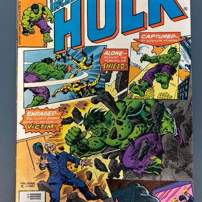 Sale Photo Thumbnail #16: Vintage Marvel Comics Group 'The Incredible Hulk' issue No. 215 from September 1977. Features Hulk battling the forces of S.H.I.E.L.D. and a back cover advertisement for the movie 'Orca'. The comic shows some light wear along the spine and edges consisten