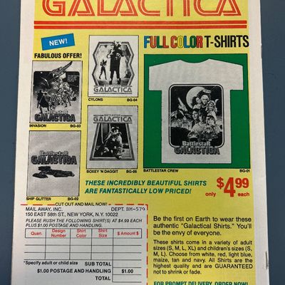 Sale Photo Thumbnail #48: Marvel Comics Group Shogun Warriors issue #4 from May 1979. Features 'Menace of the Mech Monster!' and 'It's Combatra Times Five!'. The back cover features a vintage full-color advertisement for Battlestar Galactica T-shirts. The comic appears to be in go