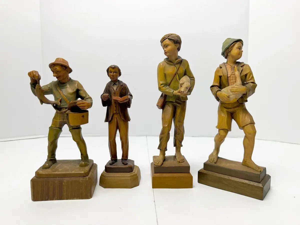 Vintage ANRI Italy Hand-Carved Wooden Fisherman & Italian Boy Figurines