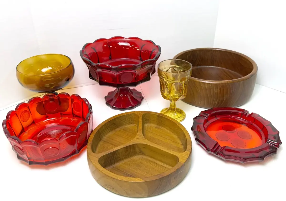 Fostoria Coin Glass, Dansk & Goodwood Teak Bowls & More Mid Century Glass