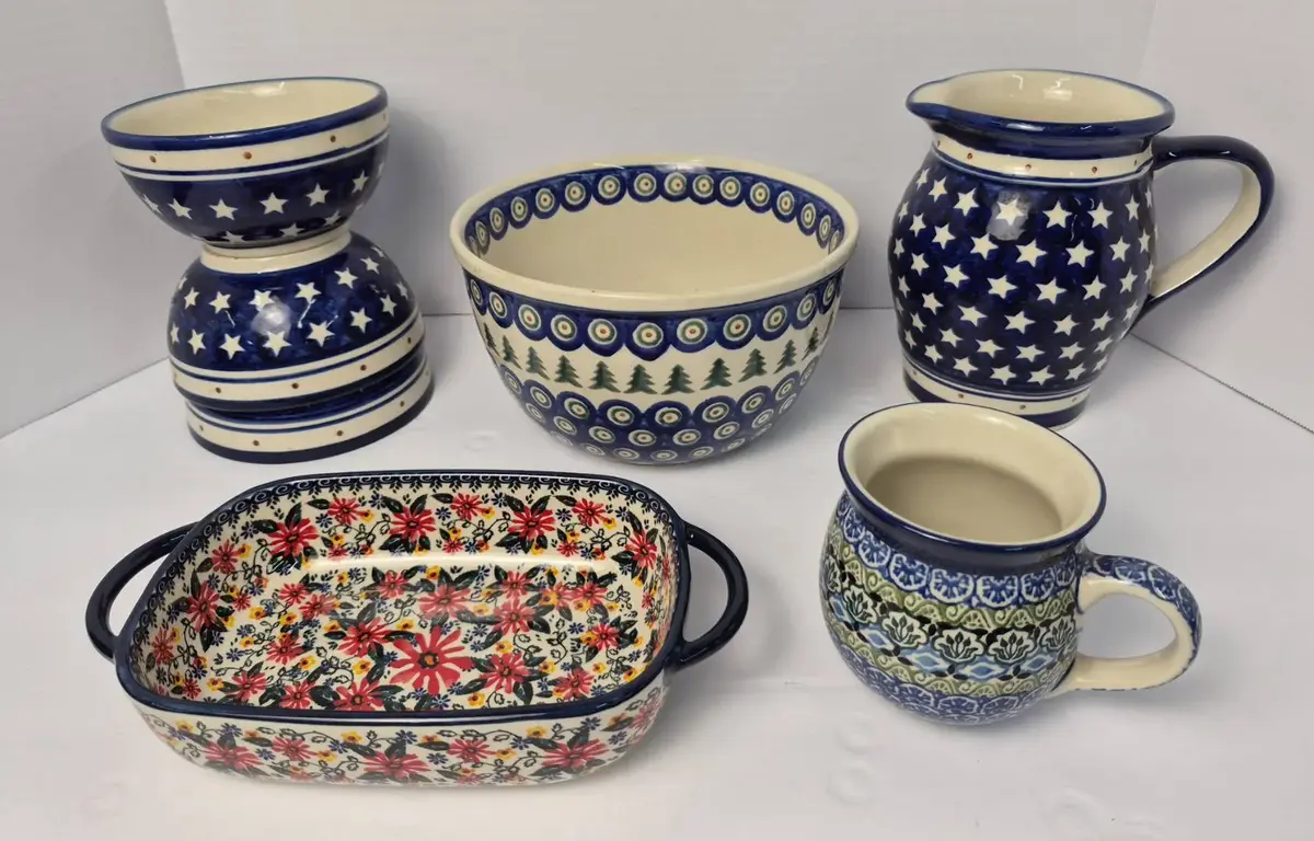 Polish Pottery: Boleslawiec Stars Pitcher & Bowls, Mixing Bowl 8" Diameter, More