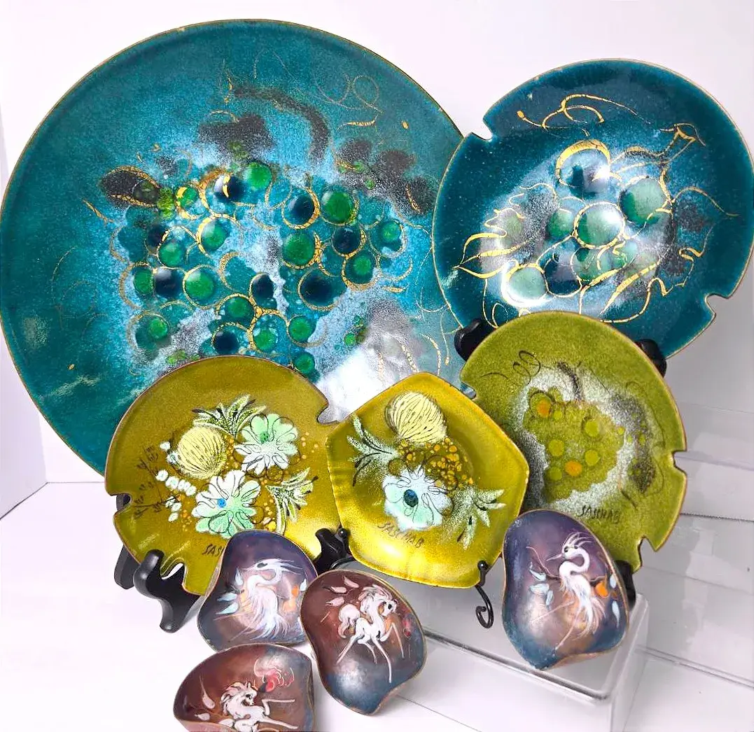 MCM Sascha Brastoff Hand-Painted Enamel on Copper Decorative Dishes & Ashtrays Collection & More