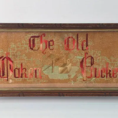 Victorian Needlepoint Punched Paper Motto Sampler in Frame -"The Old Oaken Bucket" 