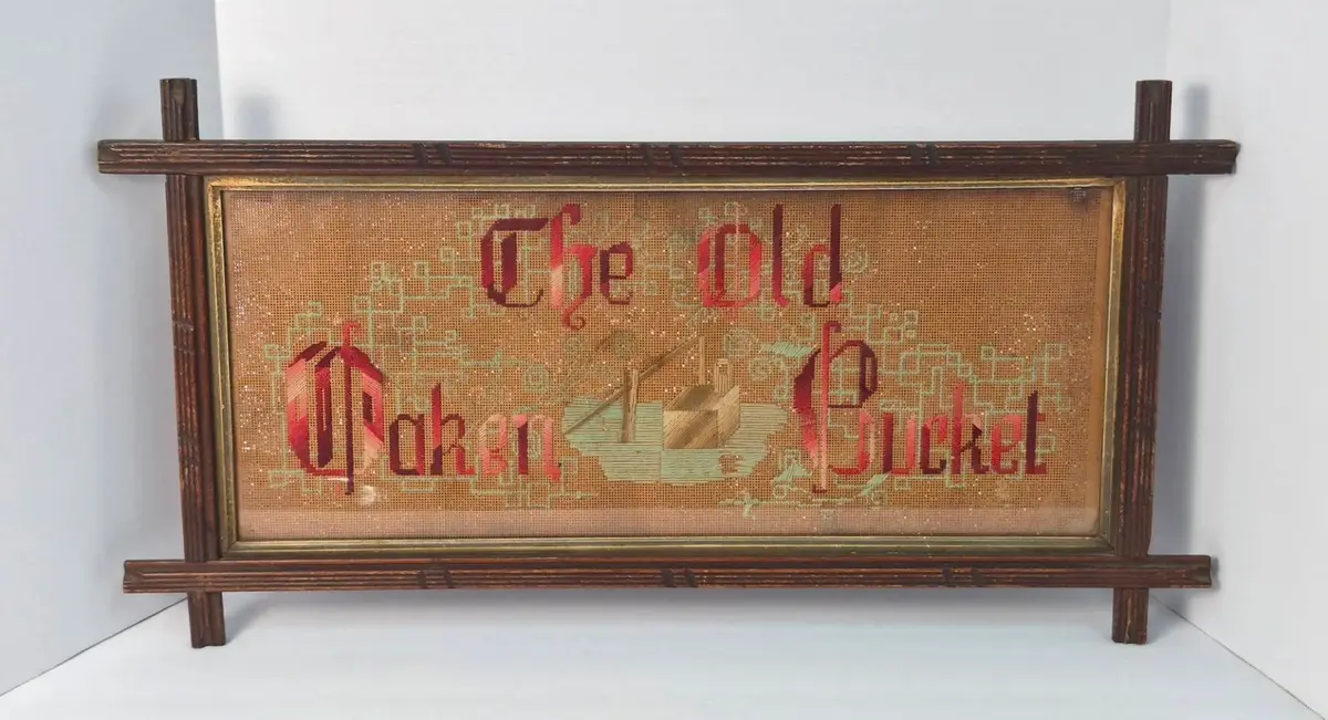 Victorian Needlepoint Punched Paper Motto Sampler in Frame -"The Old Oaken Bucket" 