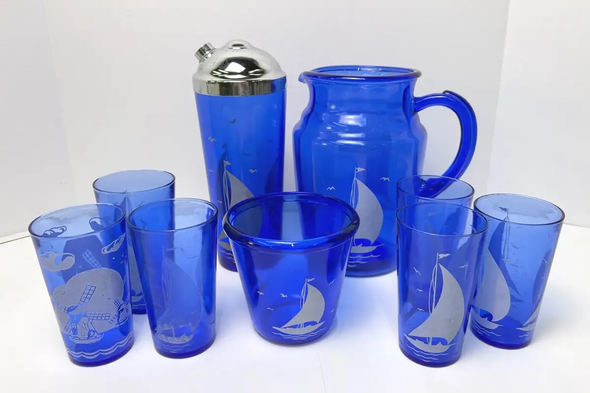 1930s Hazel-Atlas Cobalt Blue Sailboat Barware: Cocktail Shaker, Pitcher, Ice Bucket & 5 Glasses