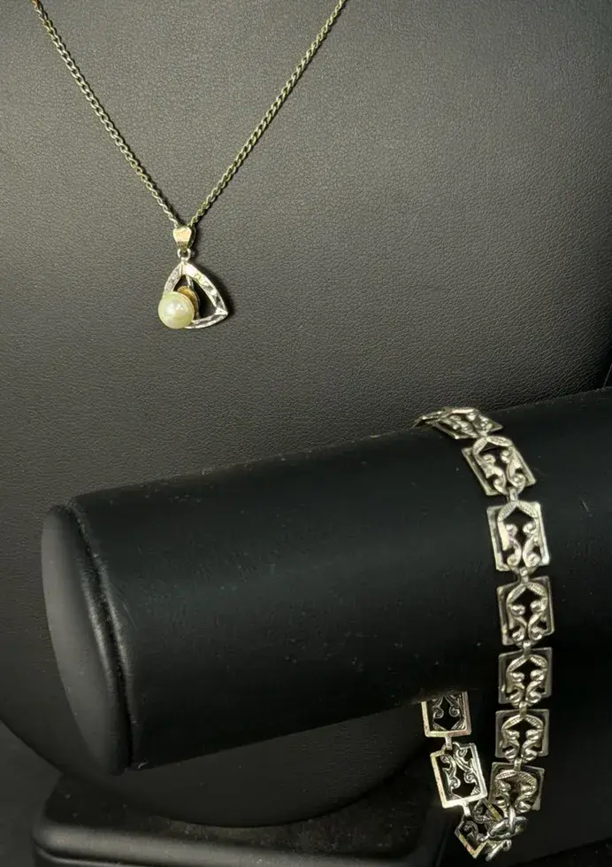 Vintage Sterling Silver Dancraft Panel Link Bracelet & Cultured  Pearl Pendant Necklace