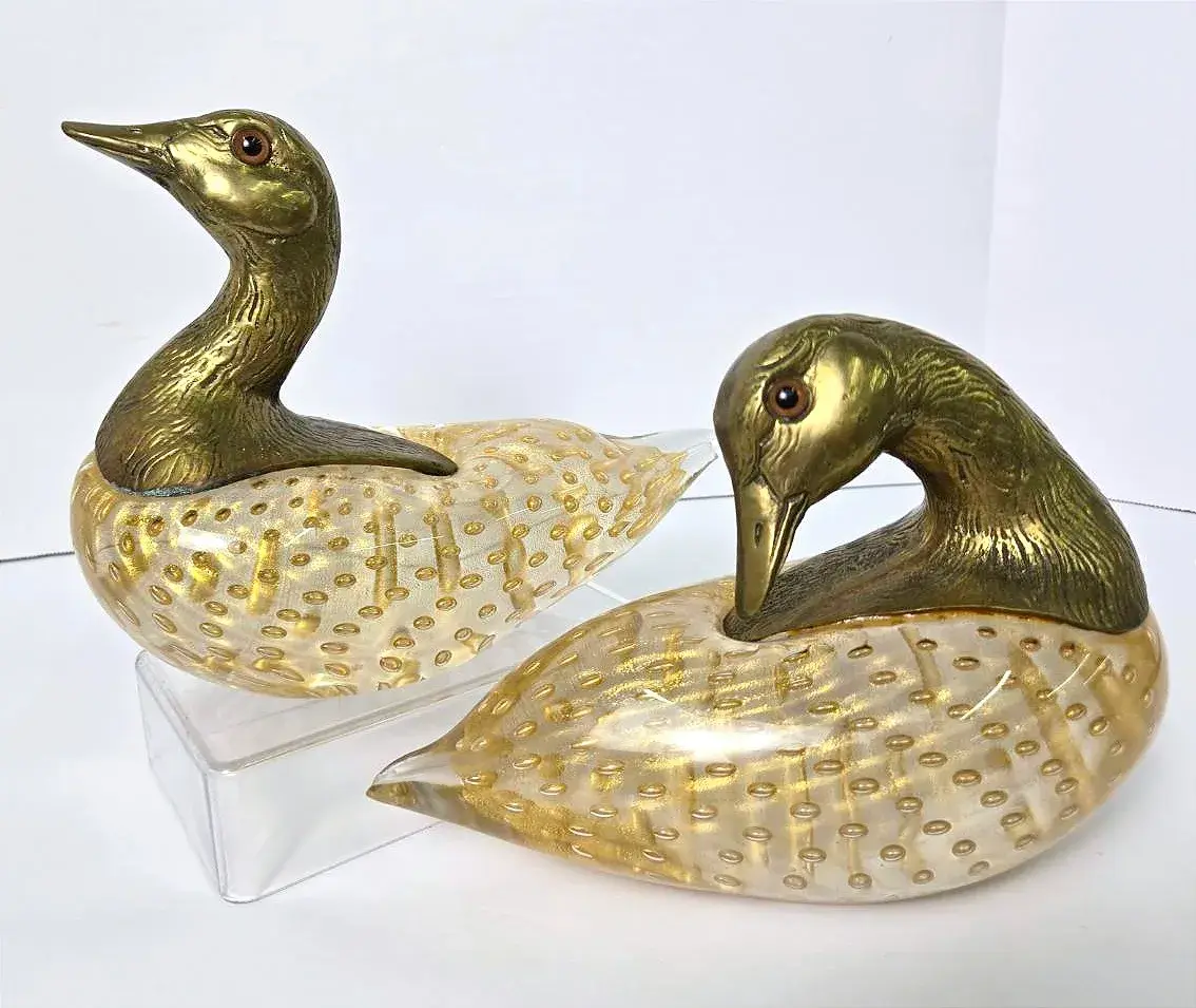 Murano Glass & Brass Duck Pair 