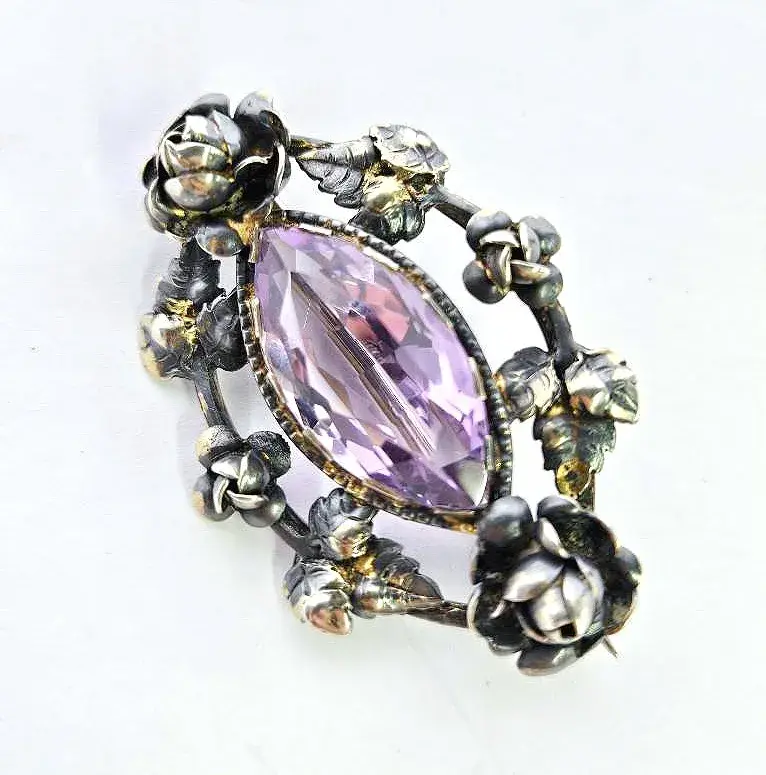 Vintage Sterling Silver Amethyst German Sculptural Floral Brooch