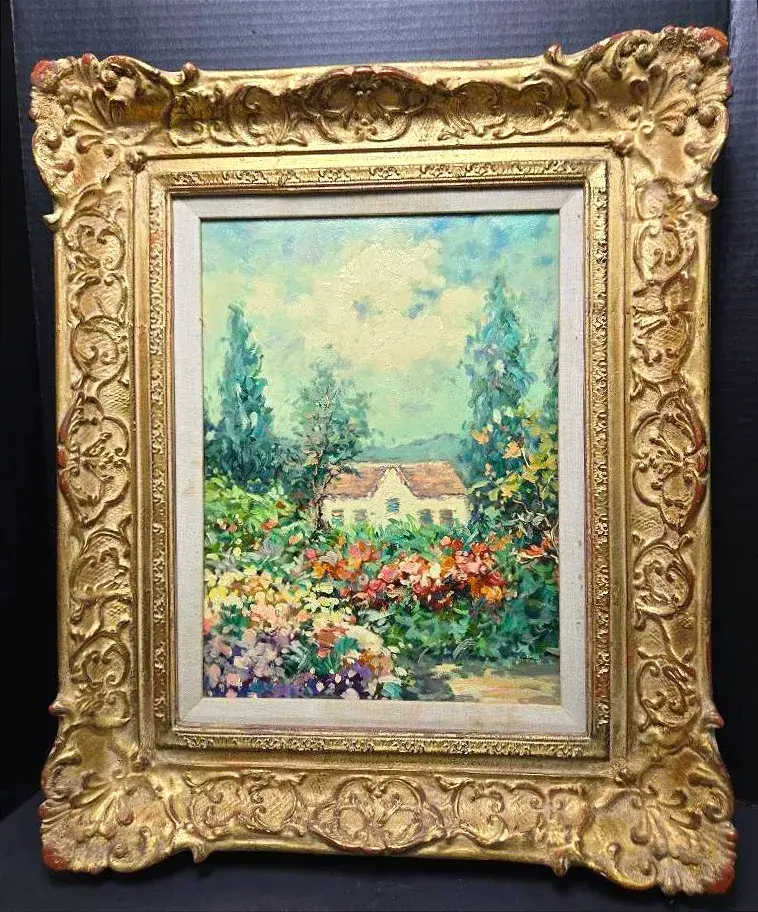 Impressionist Style Landscape Painting on Canvas in Ornate Frame