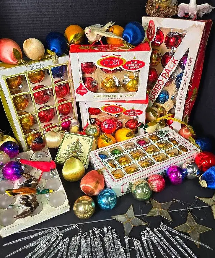 Vintage Christmas: Shiny Brite, Coby & Noelle Glass Ornaments; Silk Fruit, Birds & More