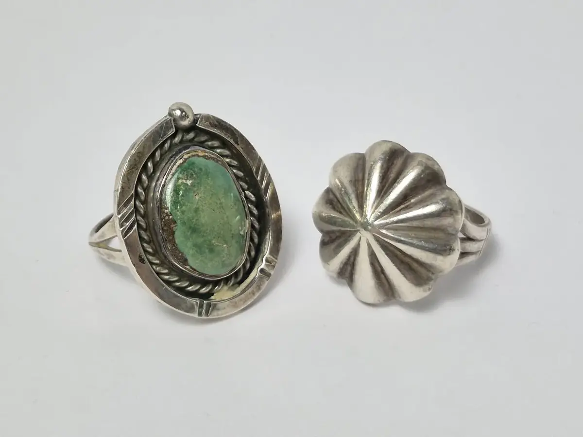 Sterling Silver Southwestern Green Stone And Concho Rings (2)