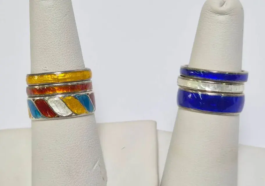 Sterling Silver Jewel Tone Enamel Band Rings (6) - Sizes 6.75-7.5