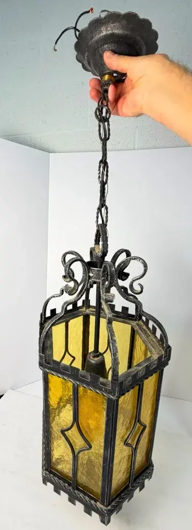Gothic/Spanish Revival Wrought Iron & Amber Glass Hanging Lantern