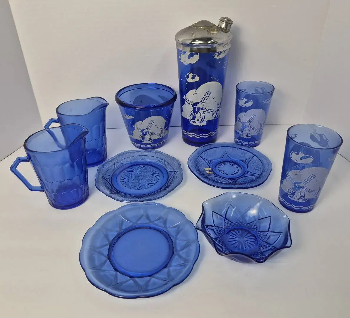 Vintage Hazel Atlas Cobalt Blue Dutch Windmill Cocktail Shaker, Pitcher & Glasses + More