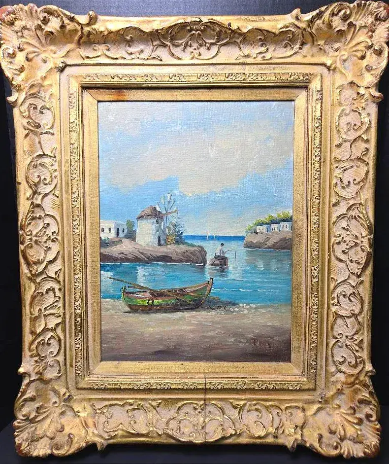 Signed Coastal Landscape Painting in Ornate Frame