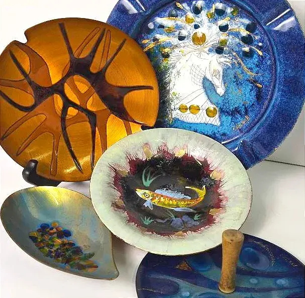 Mid-Century Modern Sascha Brastoff, Krelage Holland & Kareka Handpainted Enamel on Copper Collection