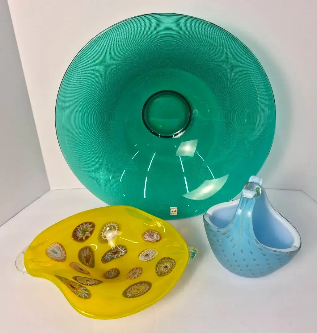 Green IVV Italian Handblown Ribbed Glass Bowl Plus Murano Style Art Glass