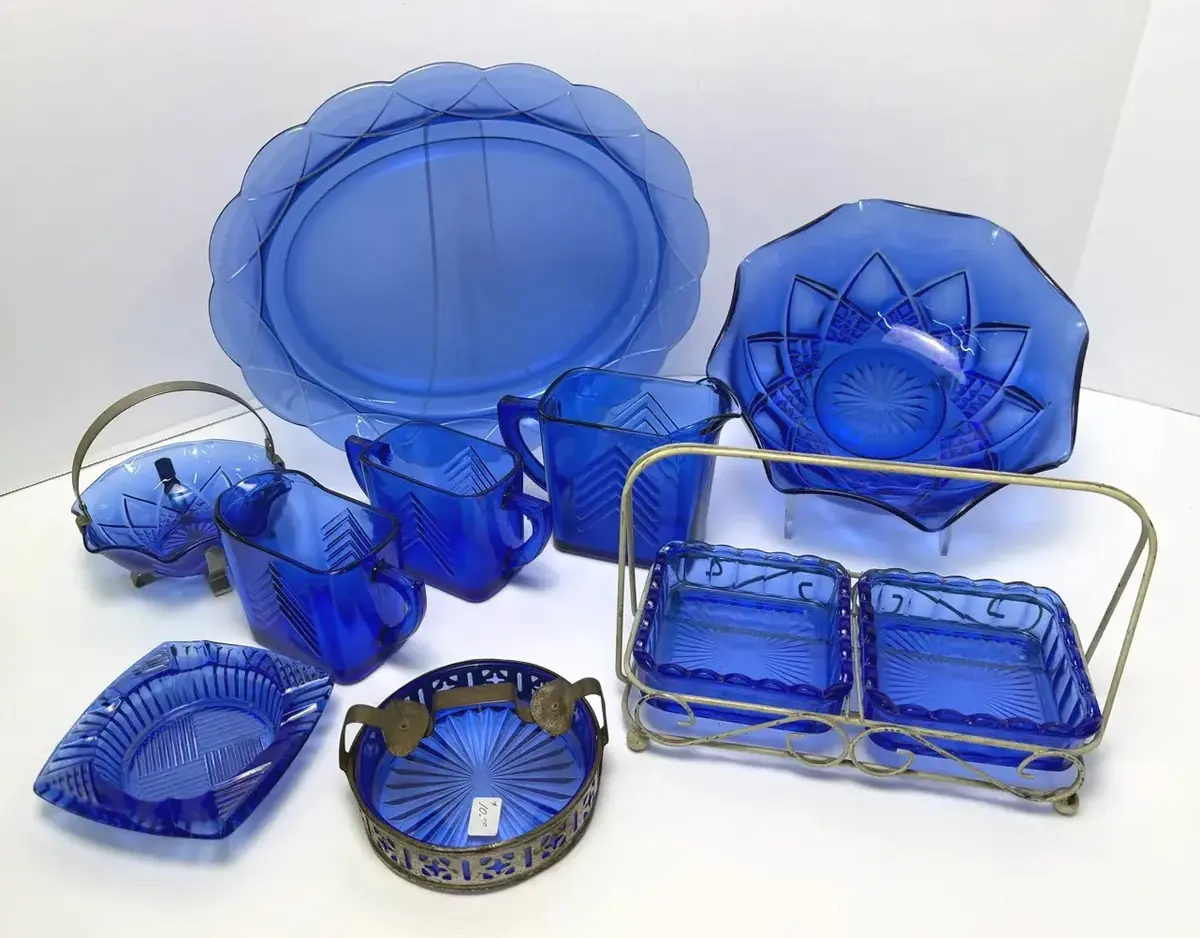 Vintage Hazel Atlas Cobalt Blue Chevron & Ruffled Rim Starburst Glassware Collections