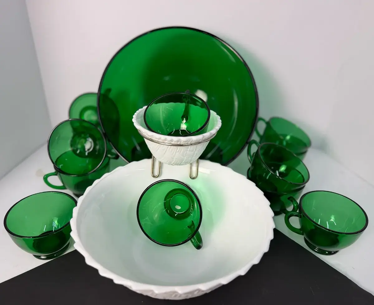Vintage Anchor Glass Green Punch Bowl Set & Indiana Milk Glass Chip & Dip