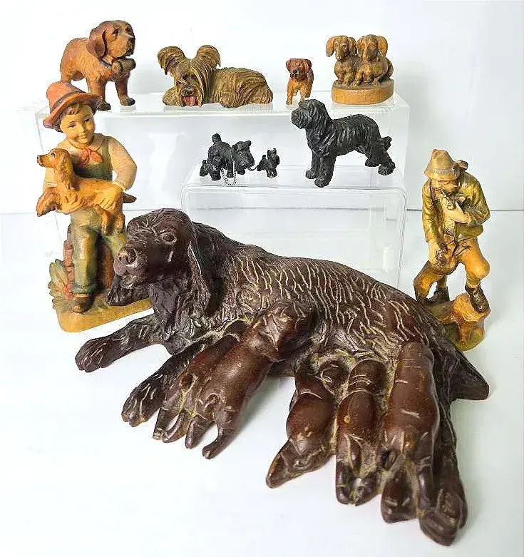 Vintage Hand-Carved Wooden Figurines – Dog & Puppies, Boy & Dog, Dogs, ANRI & German Style