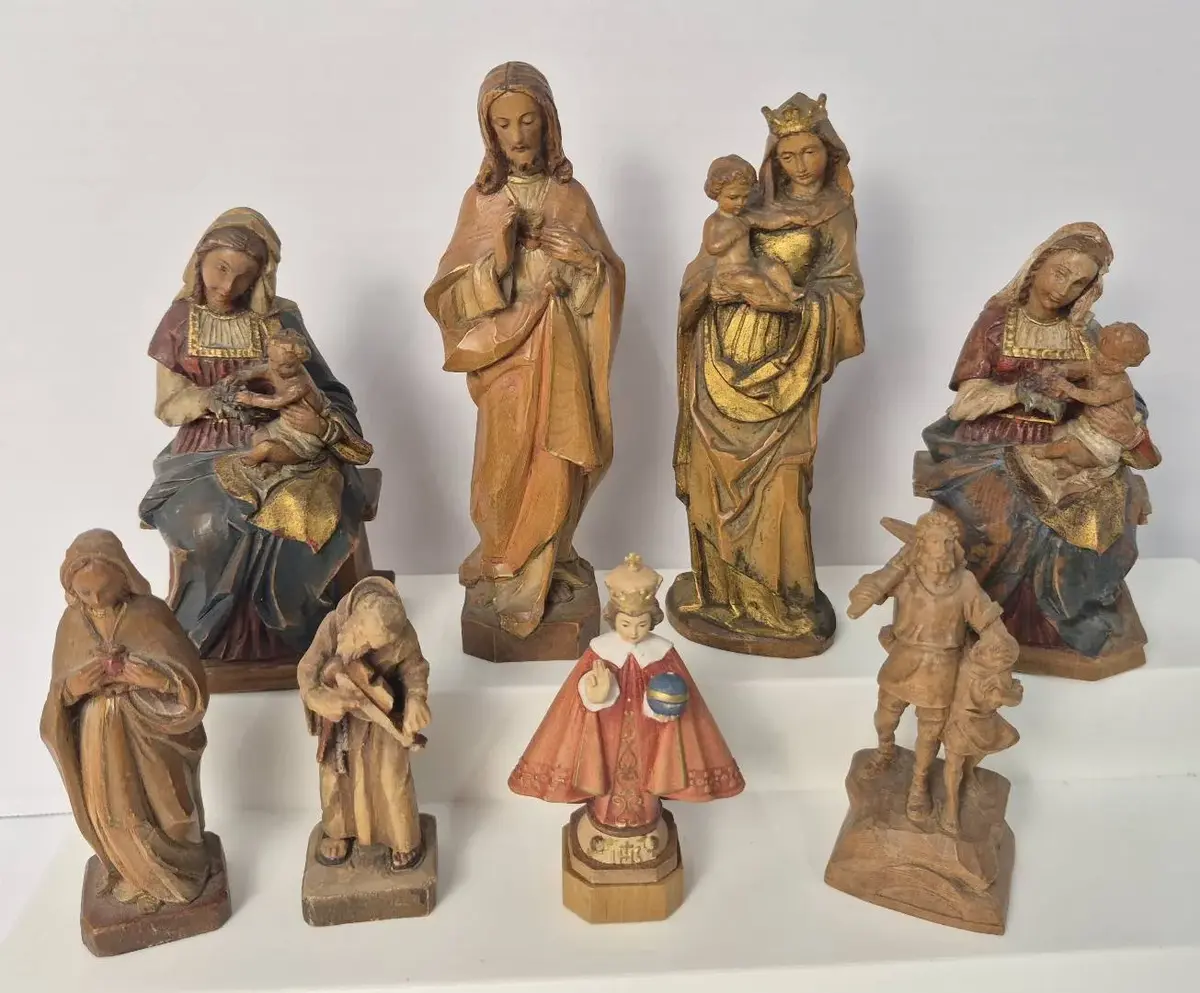 Vintage ANRI Italy Hand-Carved Madonna (2, Signed by M. Kaslatter & Labled) & 6 Religious Figurines 