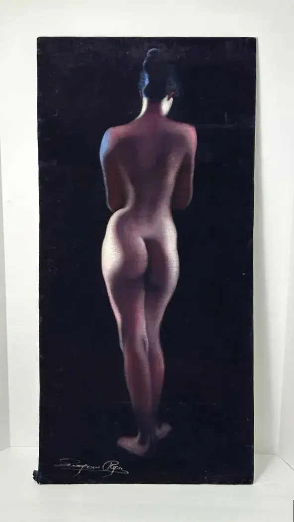 Vintage Signed Female Nude Painted on Black Velvet