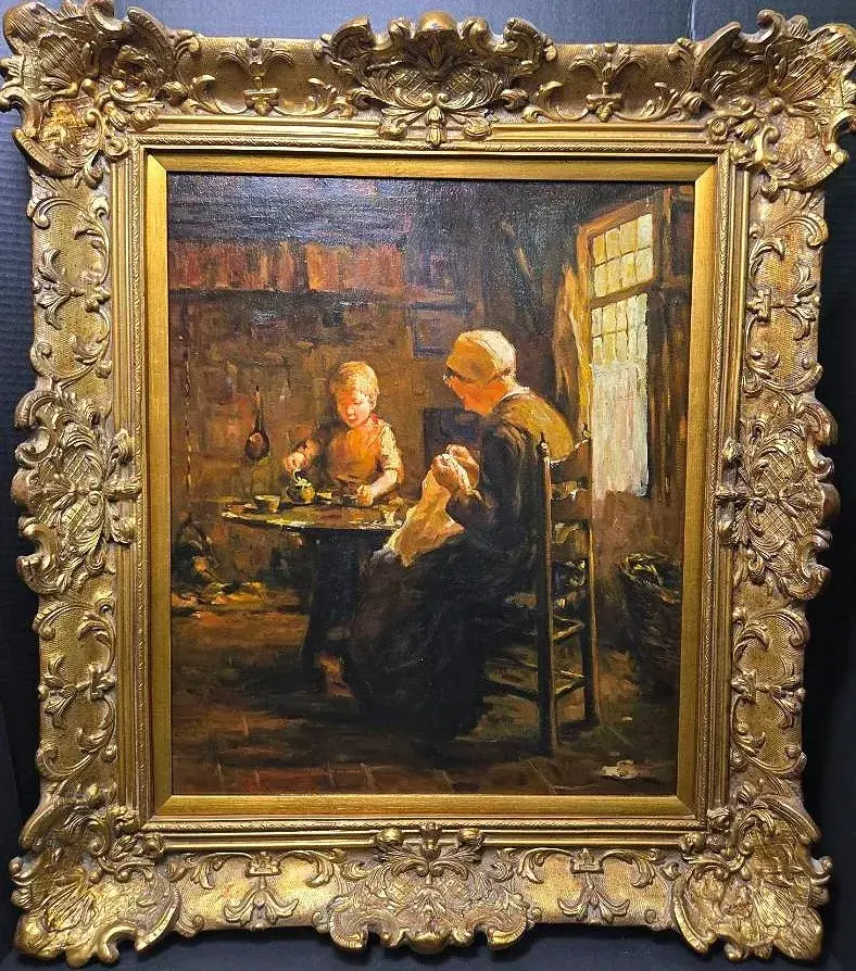 Copy After Evert Pieters "Home Industry" Genre Painting on Canvas in Ornate Frame