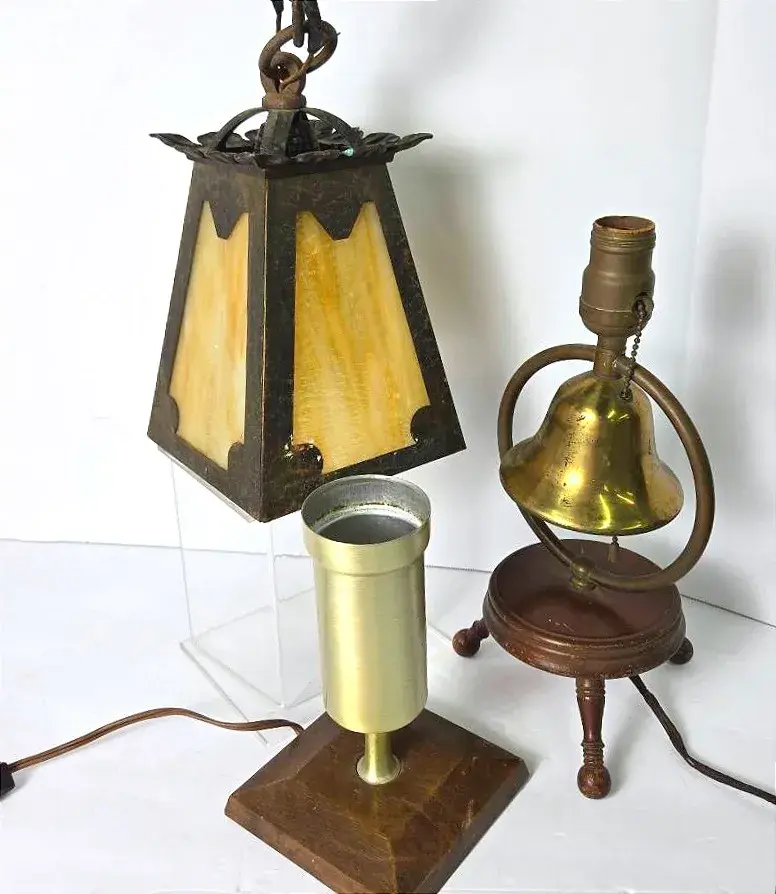 Vintage Arts & Crafts Style Slag Glass Pendant Light Plus Two Table Top Lamps