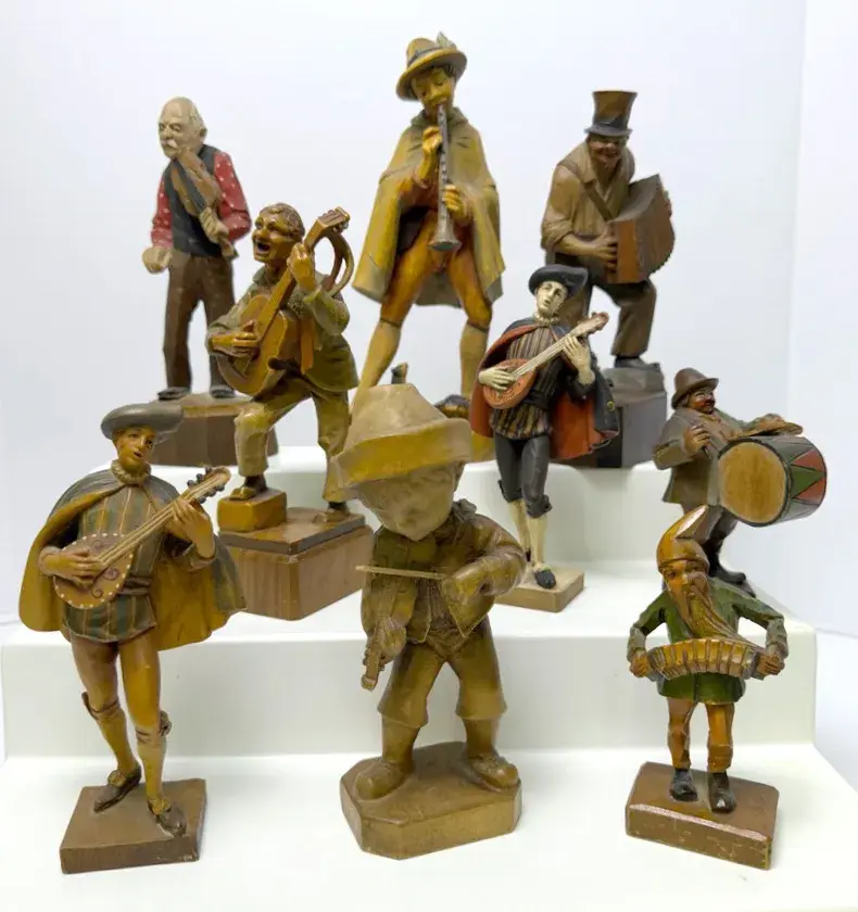 Vintage ANRI Italy, West German & Other Hand-Carved Wooden Musician Figurines Collection