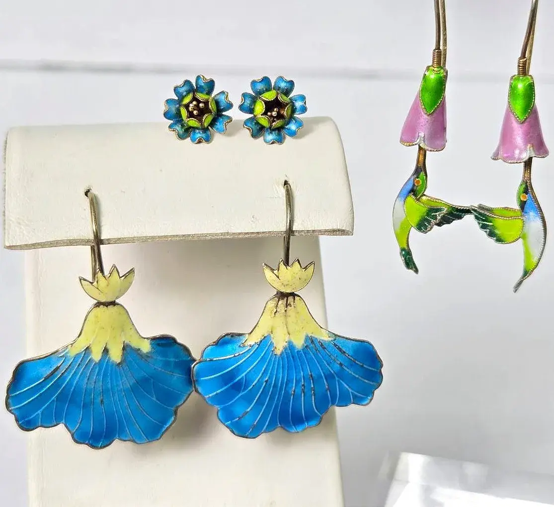 Sterling Silver Enamel Floral Earrings (3 Pairs)