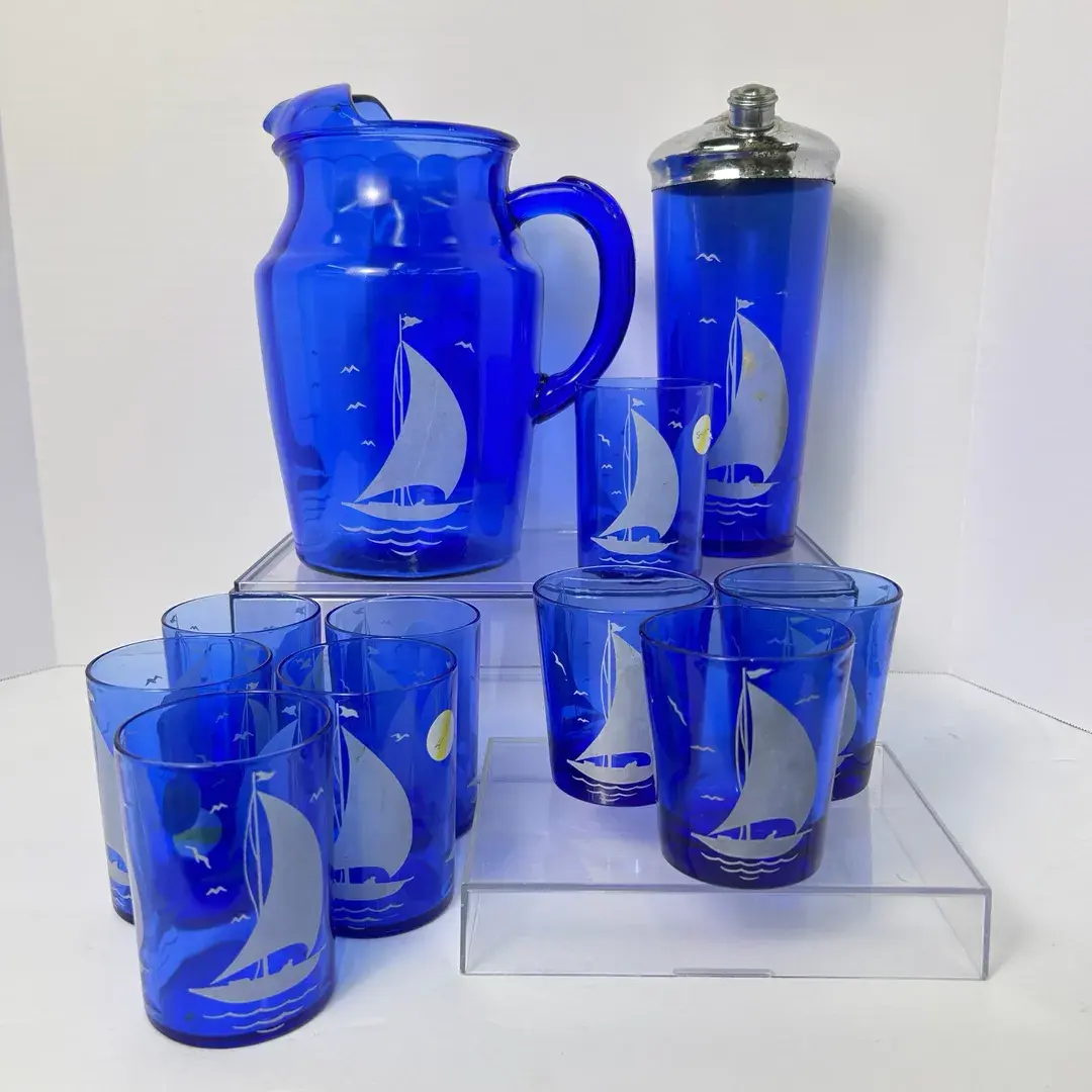 1930s Hazel-Atlas Cobalt Blue Sportsman Sailboat Barware: Cocktail Shaker, Pitcher, & 9 Glasses