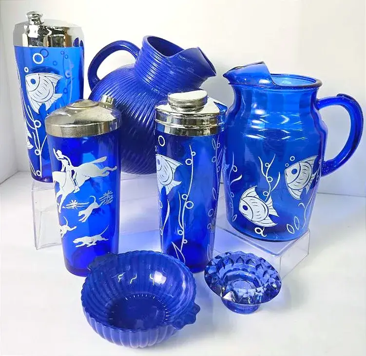 Vintage Hazel Atlas Cobalt Blue Tropical Fish Pitcher & Cocktail Shakers, “The Hunt” Shaker & More