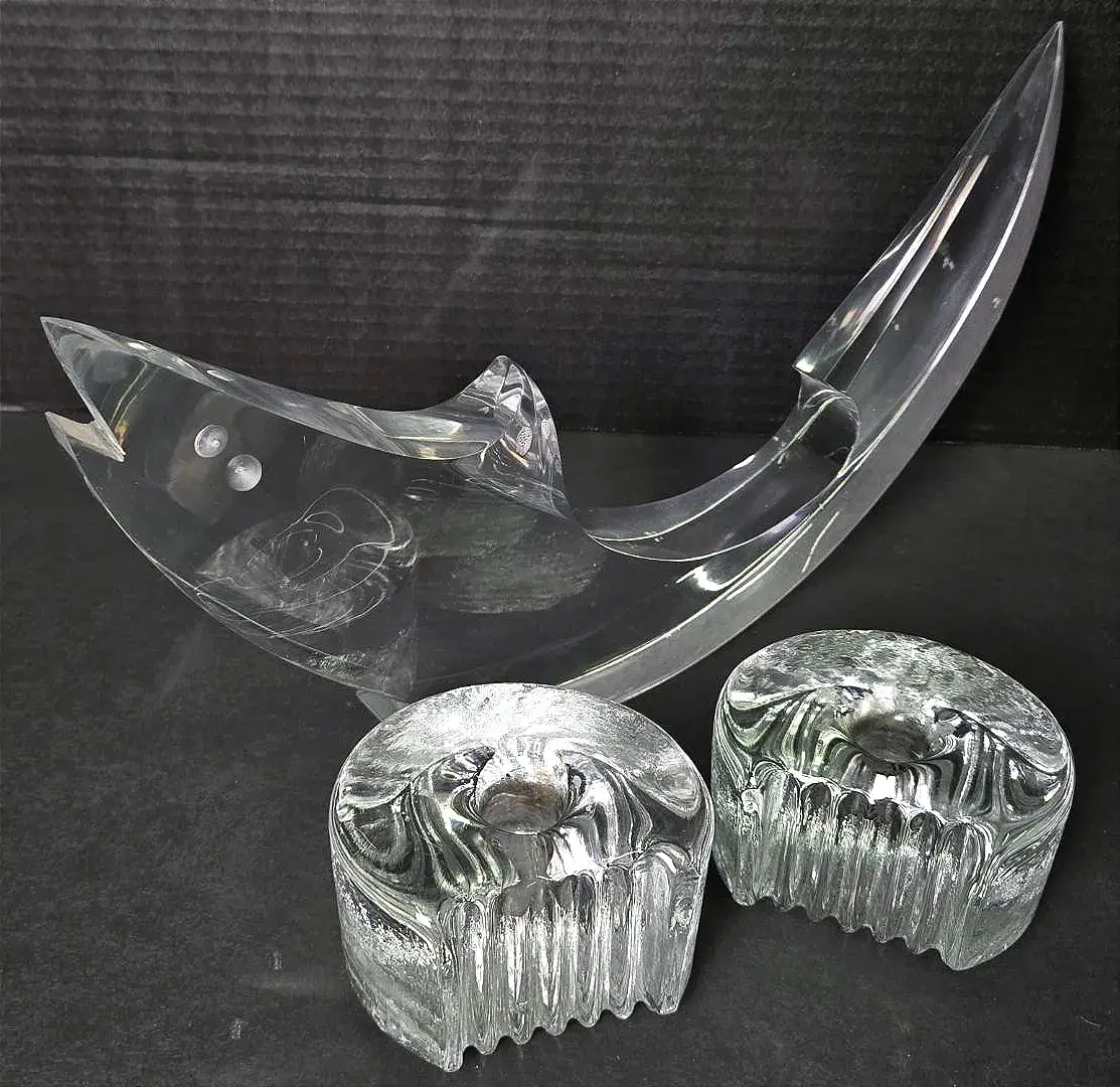 Vintage 1970s Rocking Lucite Shark Sculpture Plus Sculptural Candleholders