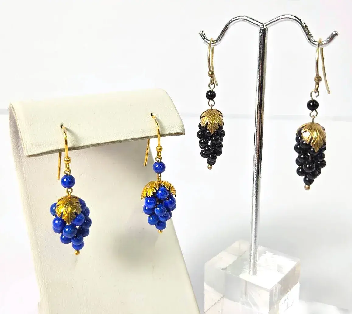 Sterling Silver Lapis Lazuli & Onyx Grape Cluster Earrings