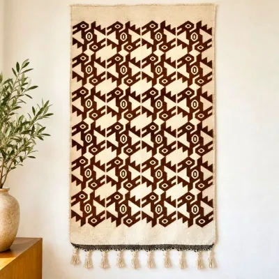 Sale Photo Thumbnail #13: Vintage Wool Handwoven Wall Hanging Brown Cream Geometric Pattern 29x56 Inches Mid Century- Boho - Wall Art