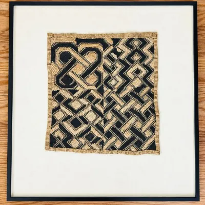 Sale Photo Thumbnail #9: Vintage Kuba/Shoowa Textile Art – African Raffia Textile – Geometric Design- 25"x 23" Frame - Boho Wall Art