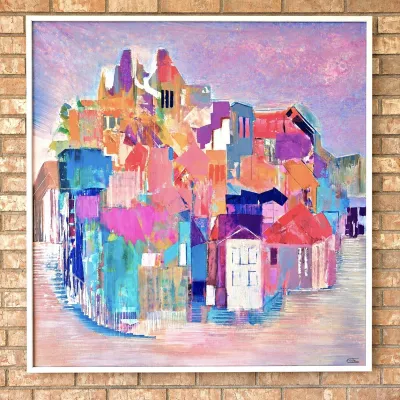 Sale Photo Thumbnail #4:  Carolyn Cole “Top of the Town” Original Acrylic on Canvas, 1992 – 40" x 40" - Signed Abstract Art