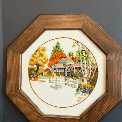 Hand Crafted Crewel Pond Scene