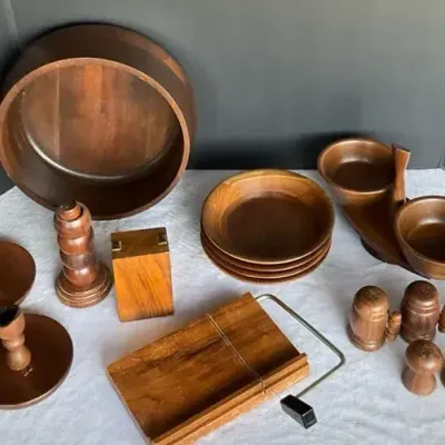 Variety of Unique Walnut Wood Tableware Items Lot 1