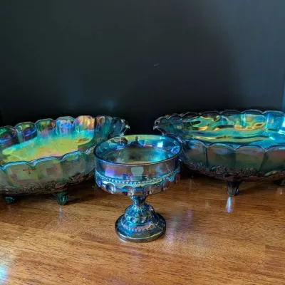 Iridescent Blue Carnival Glass Fruit Bowls & Candy Dish