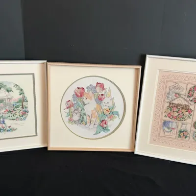 Three Cross Stitch Hand Crafted Pictures 