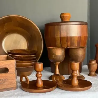 Variety of Unique Walnut Wood Tableware Items Lot 2
