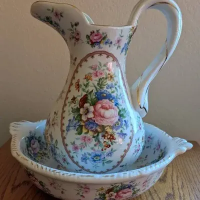 Vintage Porcelain Floral Wash Bowl & Pitcher