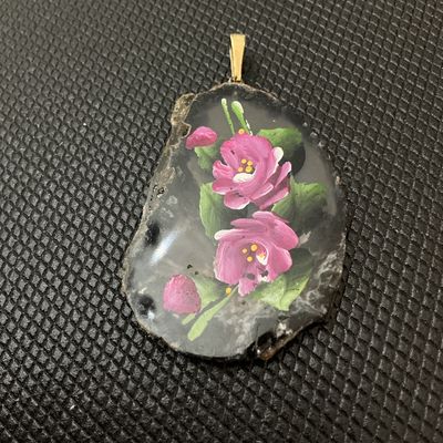 Vintage Hand-Painted Floral Agate Slice Pendant