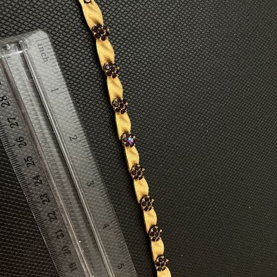 Vintage Trifari Gold Tone Brushed Metal & Red Rhinestone Floral Link Bracelet