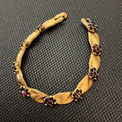 Vintage Trifari Gold Tone Brushed Metal & Red Rhinestone Floral Link Bracelet
