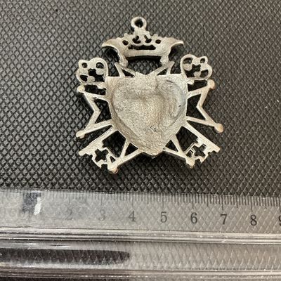 Silver-Tone Crest & Keys Pendant with Blue Rhinestone Heart
